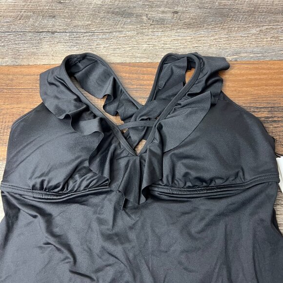 Gibson‎ Latimer Tankini Swim Top Size XS Black Ruffle V-Neck Longline NWT - Picture 3 of 9